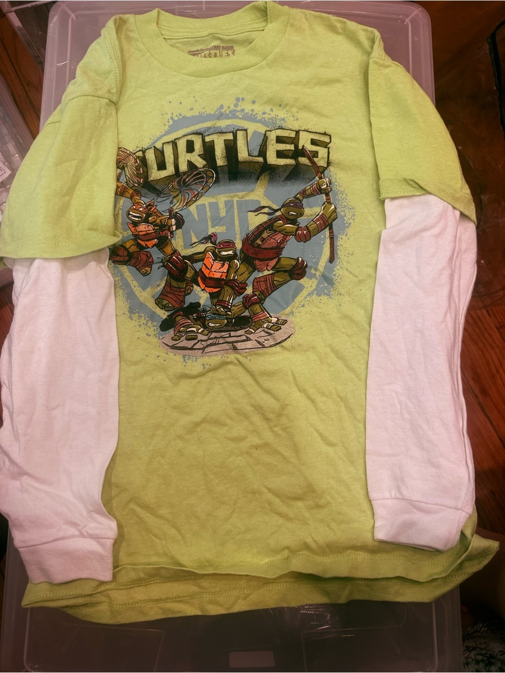 2 Teenage Mutant Ninja Turtles Layered Tees- Lime & White & Green /Gray -M